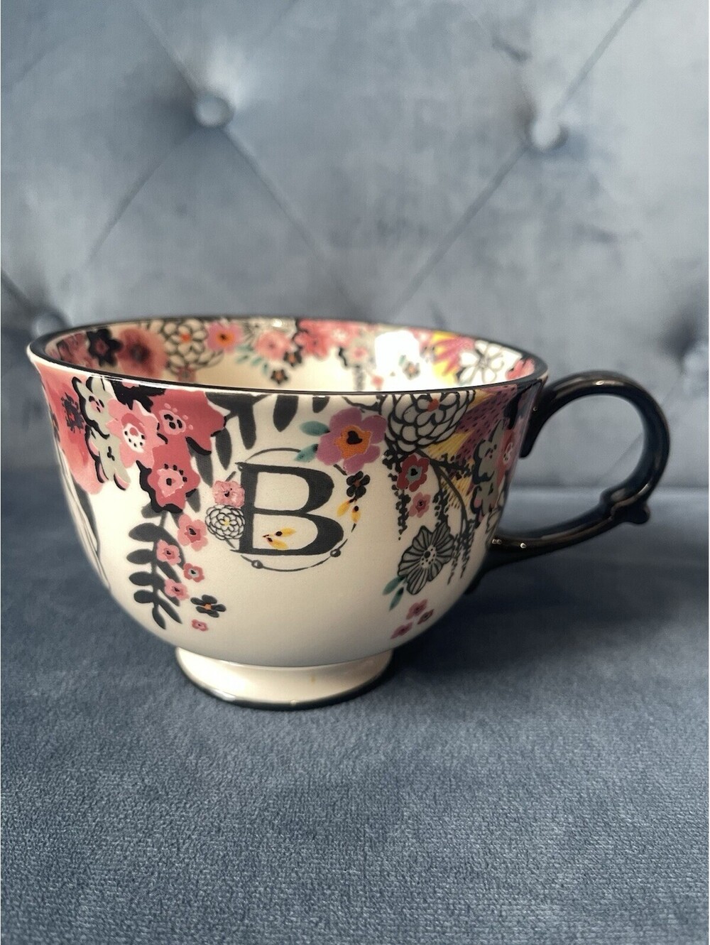 Anthropologie Floral Initial B Ceramic Coffee Cup Mug Personalized Letter Black
